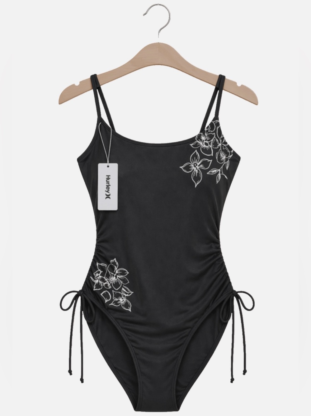 Hurley Women One Piece Swimsuit Black Floral Ruched Removable Cups Sz Small New